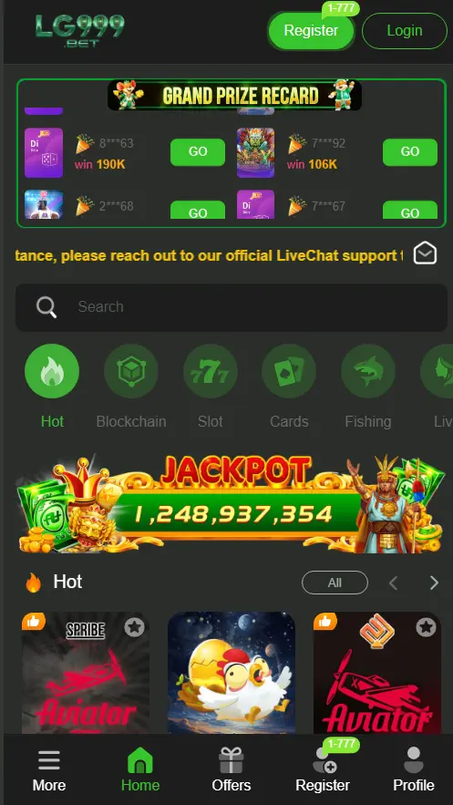 LG999 game mobile app download and login interface